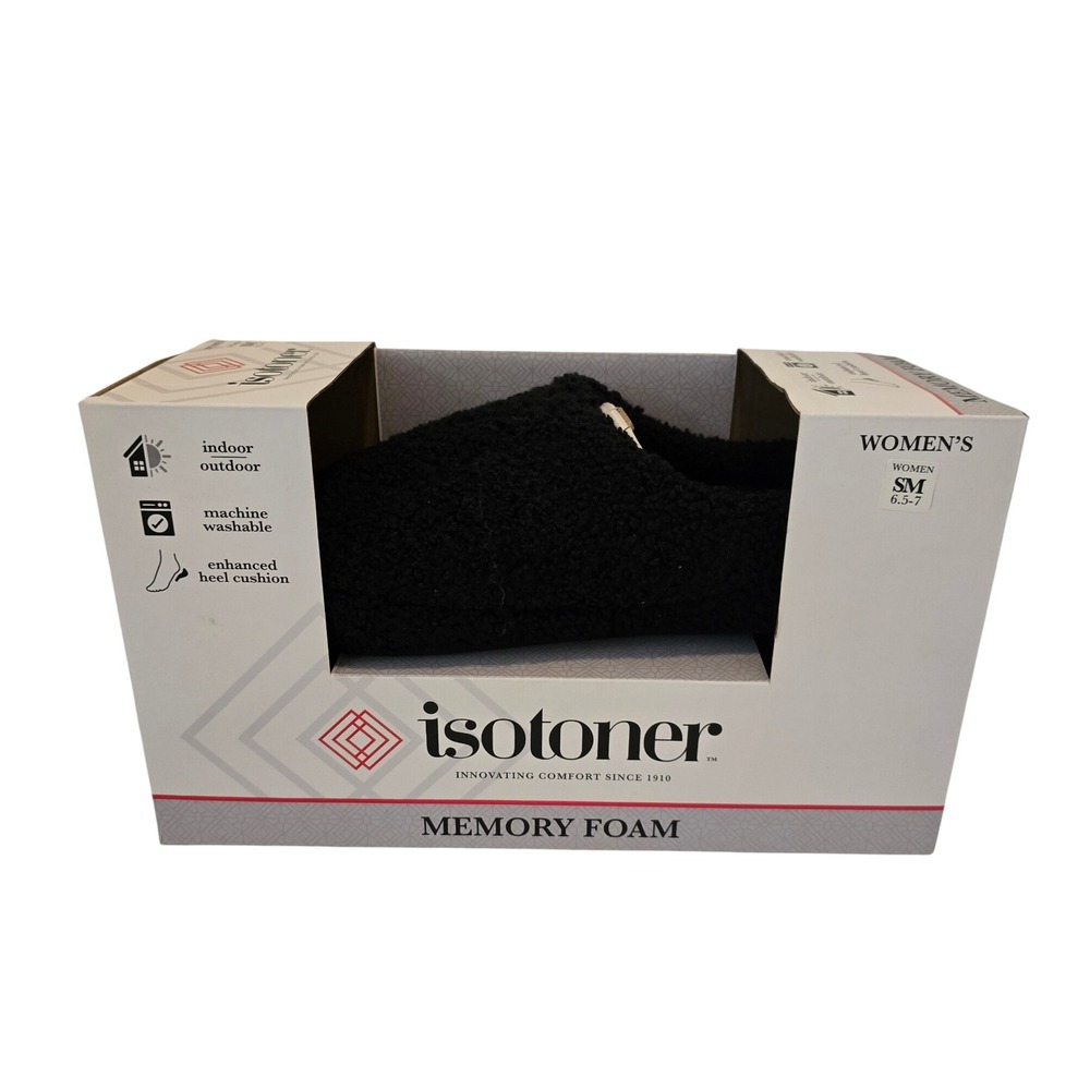 Isotoner Womens Black Sherpa Memory Foam Slippers Indoor Outdoor 6/7 SM